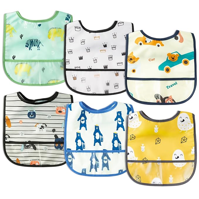 6Pcs Waterproof Toddler Bibs Baby Feeding Bib Set with Crumb Catcher Pocket, Infant Adjustable Baby Teething Bib, Babies Sleeveless Vehicles Food Bibs Keepsake Gift for Baby Shower, 6-24 Months