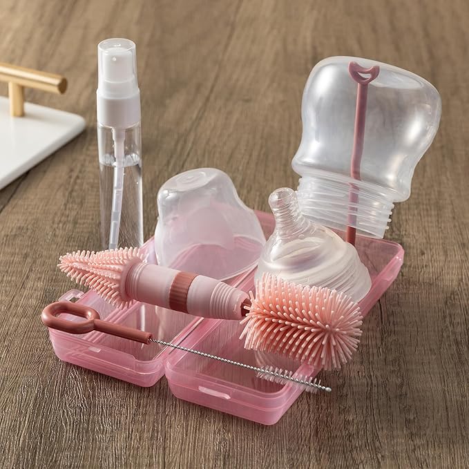 Chemimoso Small Silicone Baby Bottle Brush for Newborn Anti-Colic Baby Bottles，Portable Travel Bottle Cleaner Brush，Suit for Baby Bottles Less Than 8 OZï¼?Pink