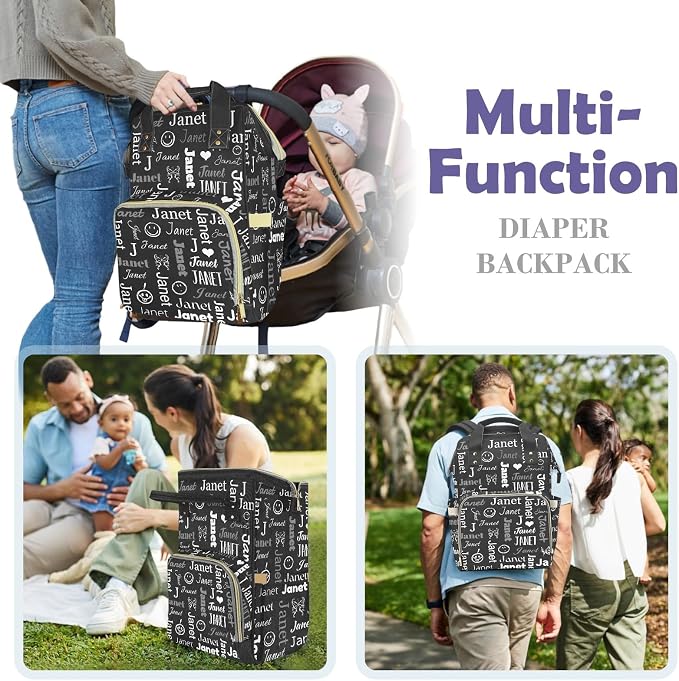 Custom Diaper Bag with Name Personalized Multifunctional Mommy Backpack for Daughter Granddaughter, Black Daypack Bag for Travel