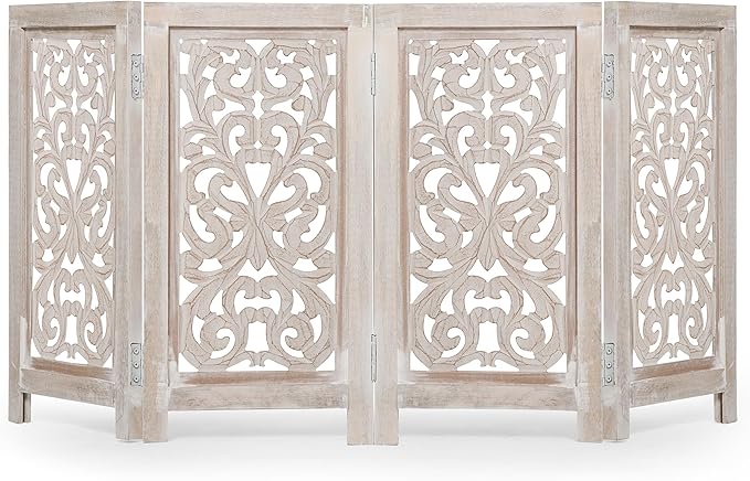 Decorative Wooden Pet Gate, Dog Fence, Cat Gate, Foldable, Adjustable, Portable, Extra-Wide, Wooden Dog Barrier, Free-Standing Puppy Gate 4 Panels for Indoor, Doorways, Stairs-26x52 Inch White Wash