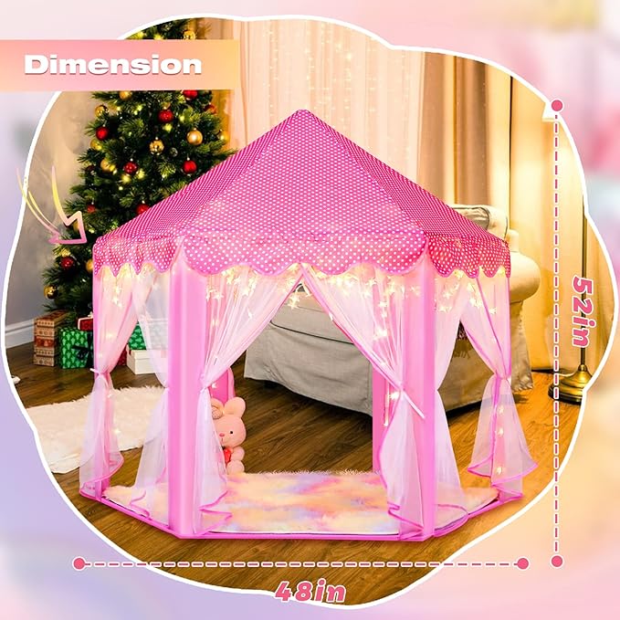 Princess Tent with Rainbow Rug, Little Star Lights for Girls, Pink Play Tent for Kids, Girls Toys Set for Indoor Princess Games Decor, Princess Castle Playhouse
