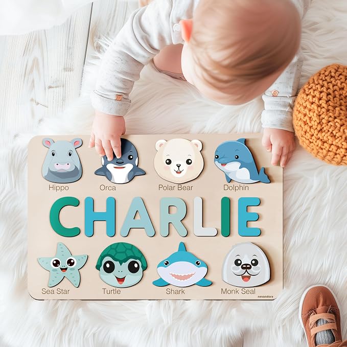 Personalized Animal Name Puzzle for Baby Boys & Girls, Handmade Wooden Toy, Custom Baby Gift, First Christmas or Birthday Present, 1 Year Old Gifts