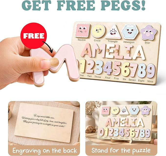 Wooden Name Puzzle for Toddlers 1-3, Personalized Name Puzzle with Animal Story Background, Baby Puzzle, Custom Baby Gift, First Birthday Gift for Boy Girl (Shapes and Numbers)