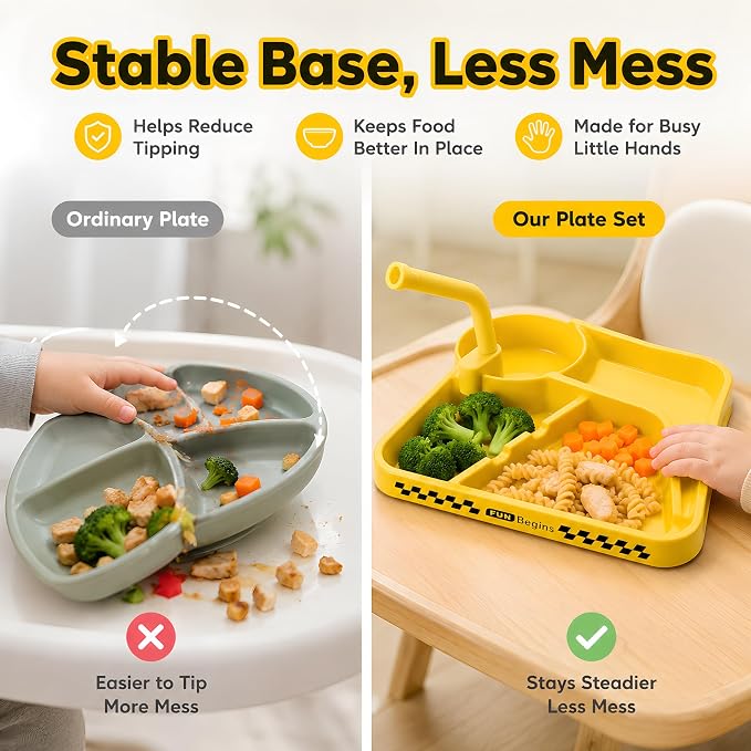 Deinyi Fun Construction Toddler Plates & Utensils - Divided Non-Tip Plate for Ages 1 2 3 4 5 6 7 - Perfect Birthday Party Gift for Boys & Girls - Yellow