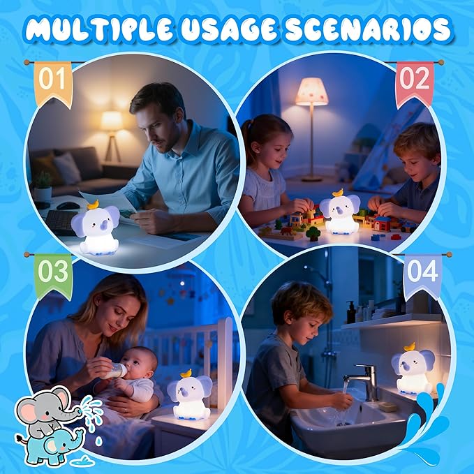 Ammonite Blue Elephant Night Light, Soft Silicone Elephant Nursery Lamp with 2 Dimming Levels and 20-Minute Timer, Touch Control Nightlight for Bedroom Decor, Christmas Birthday Gift