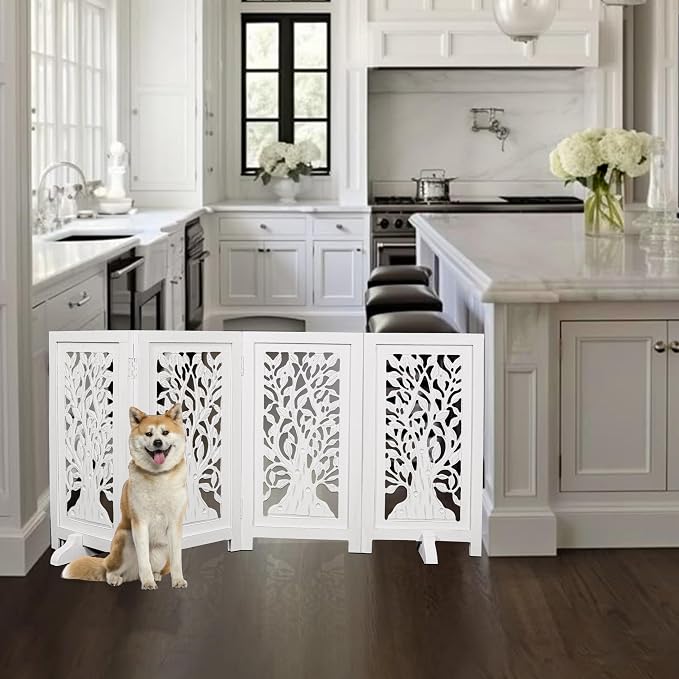 Decorative Wooden Dog Gate, 4 Panel Free Standing Folding Pet Fence, 56x28 Inch Indoor Dog Barrier for Doorway or Hallway, Sadie Design, White Antique