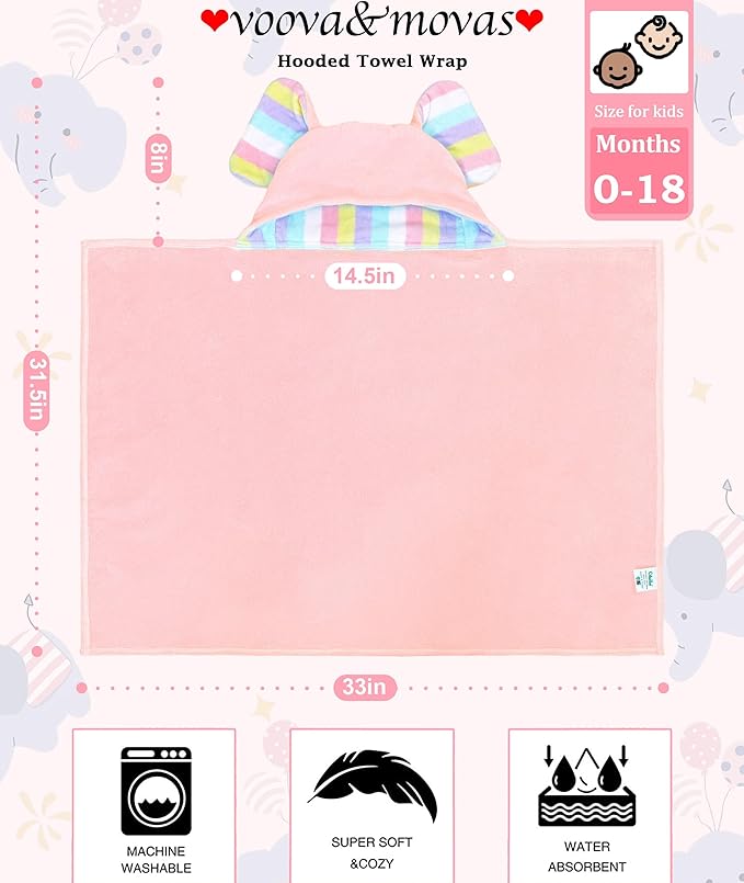 VOOVA & MOVAS Cute Elephant Ears Hooded Towel for Baby ??100% Cotton, 420GSM, Thick & Super Absorbent ??33" x 31.5", Pink ??for 0??8 Months ??Large Towel for Newborn, Toddler, Infant, Essential