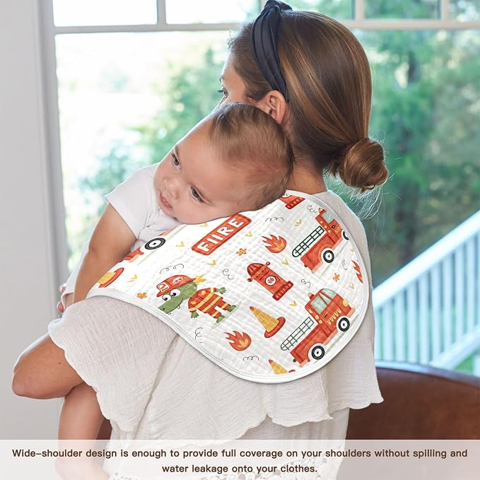 Burbuja Cute Firetrucks Muslin Baby Burp Cloths, Soft & Absorbent Cotton Burping Rags for Newborn Boys & Girls, 2 Pack