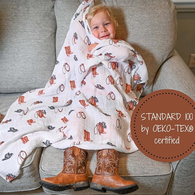 LollyBanks Muslin Swaddle Blankets for Boys, Large 47 x 47 Inches Swaddles for Newborns, 100% Cotton Breathable and Lightweight Baby Blanket, Baby Essentials, Registry (Cowboy and Horseshoe 2 Pack)