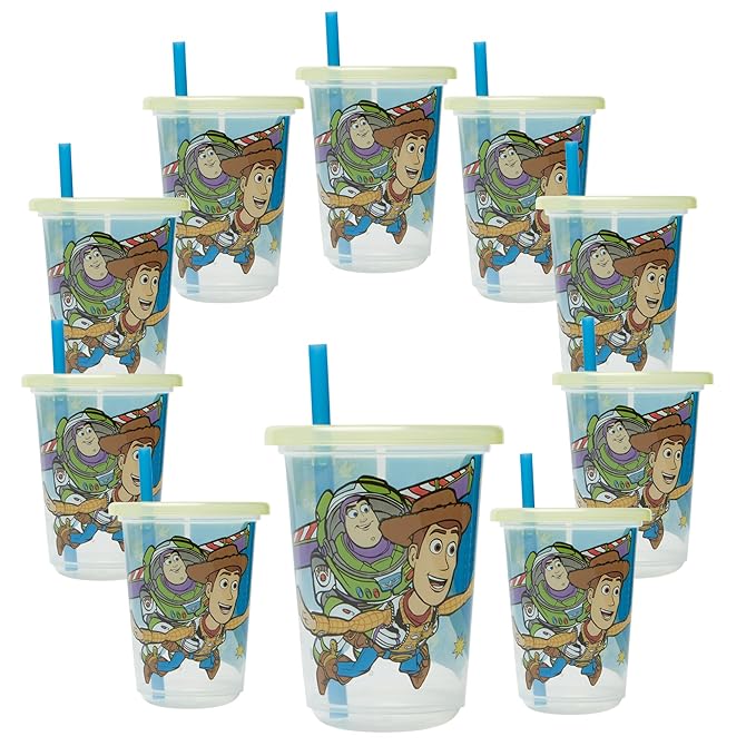 The First Years Take & Toss Toy Story Toddler Straw Cups - Spill Proof Toddler Sippy Cups with Snap-On Lids and Straws - Reusable Toddler Cups for Travel, Daycare, and Everyday Use - 10 Oz - 10 Count