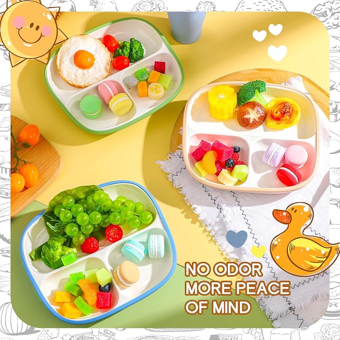 Domensi 3 Set Kids Porcelain Plates with Silicone Sleeves 8.2 Inch Divided Porcelain Plate Toddler White Suction Dishes for Baby Troubleless Eating Microwave Dishwasher Safe (Vivid)