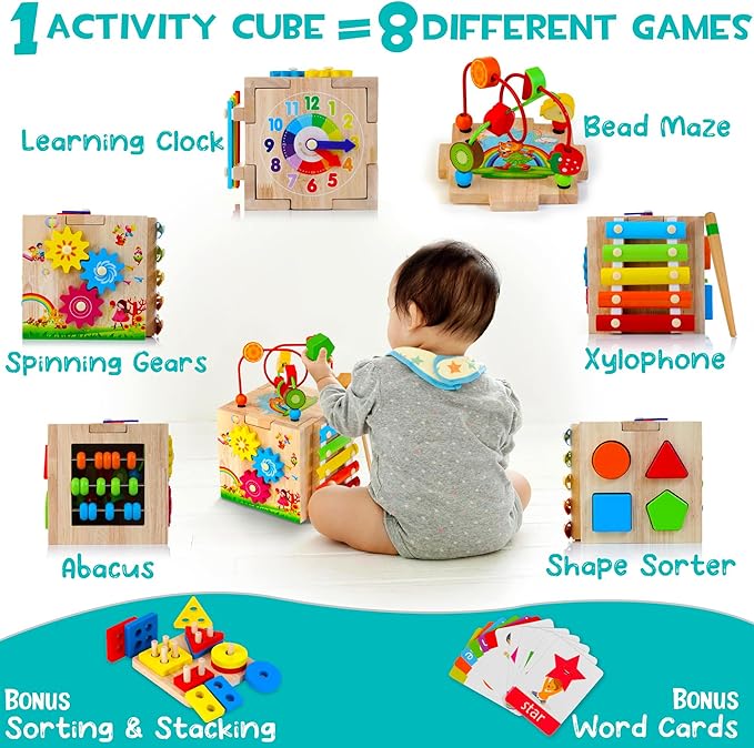 HELLOWOOD 8-in-1 Wooden Activity Cube for Kids, Sorting & Stacking Toys Shape Match Xylophone Montessori Learning Toy STEM Value Pack Gift for Boys Girls Toddlers-Light Pink Packaging