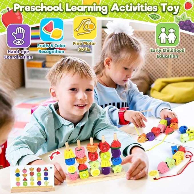 Montessori Wooden Beads Stacking Toys: 2 3 4 Year Old Boys Girls Birthday Gifts - Toddler Sequence Game & Sorting Blocks & Lacing & Matching Shape - Preschool Learning Activities for 2-5 Years Kids
