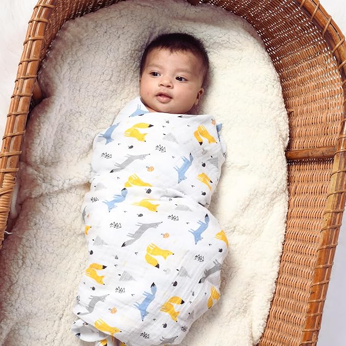 Featherhead??100% Cotton Muslin Swaddle Blankets for Baby Boy - Large 47?�x 47??- Pre-Washed, Soft, & Breathable - Newborn Essential & Perfect Baby Registry Gift (2 Pack - Blue Foxes)