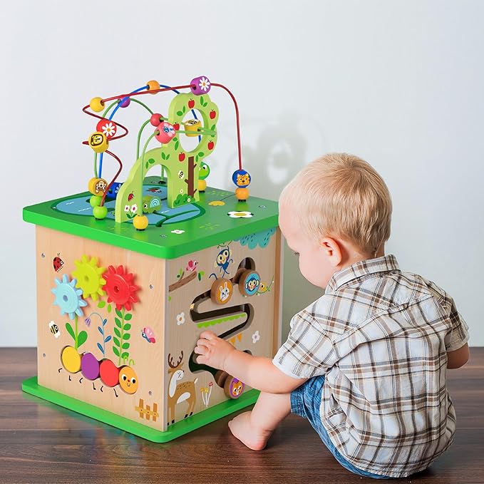 TOOKYLAND 5 in 1 Activity Center, Wooden Large Activity Play Cube 23"X13"X13", Wooden Learning Puzzle Toy for Toddlers, with Animal Friends, Shapes, Mazes, Shape Sorter