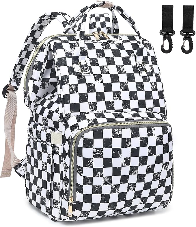 Marble Checkered Baby Diaper Bag Backpack for Women, Large Capacity Waterproof Maternity Travel Nappy Backpacks with Stroller Straps