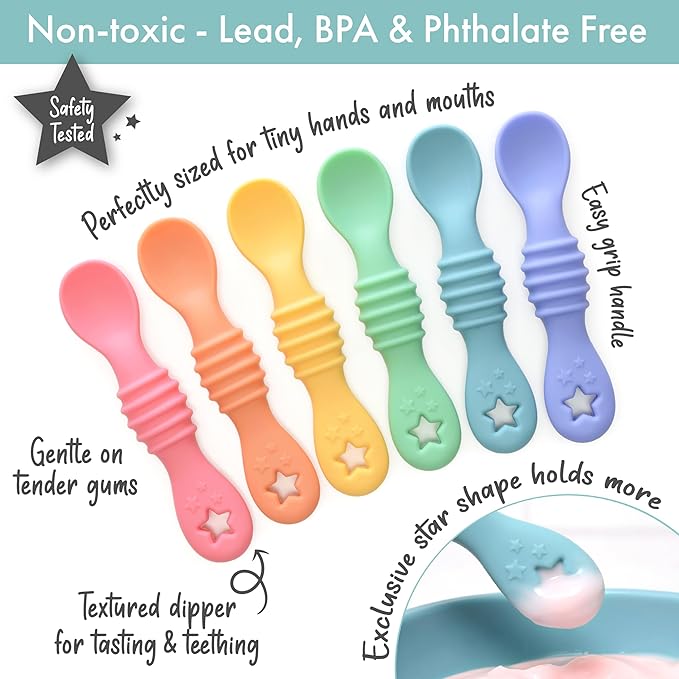 PrimaStella PrimaStella 6-Piece Silicone Baby Feeding Spoons - First Stage Infant Spoons, Soft-Tip Baby Training Spoon - Infant Utensils Feeding Supplies - Dishwasher & Boil-proof