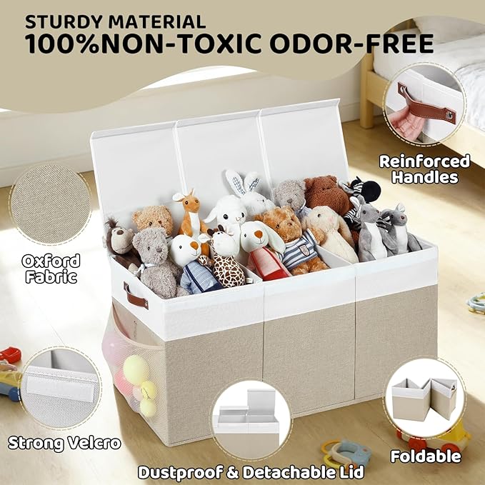 Extra Large Foldable Toy Chest with Lid,Collapsible Kids Toy Storage Box Organizer,Large Fabric Storage Bin for Nursery Playroom Bedroom Living Room,40?�x18?�x14??White & Beige