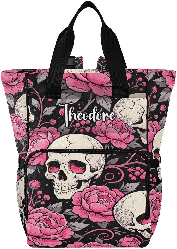 Personalized Skull Pink Flowers Diaper Bag Travel Large Cap Mom Dad