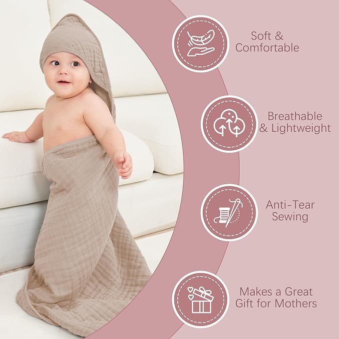 MOON PARK 2 Pack Muslin Hooded Baby Bath Towels for Newborns, Infants, Toddlers - 100% Cotton - Large 32x32Inch Size - Highly Absorbent and Essential, White and Brown