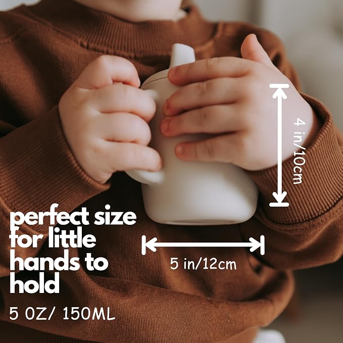 KIDSco. Silicone Sippy Cups with Easy Grip Transition Handles, a Soft Spout and Straw. A Non Toxic No Spill Unbreakable Training Cup. 5oz/150ml |Sandy Shore and Green|