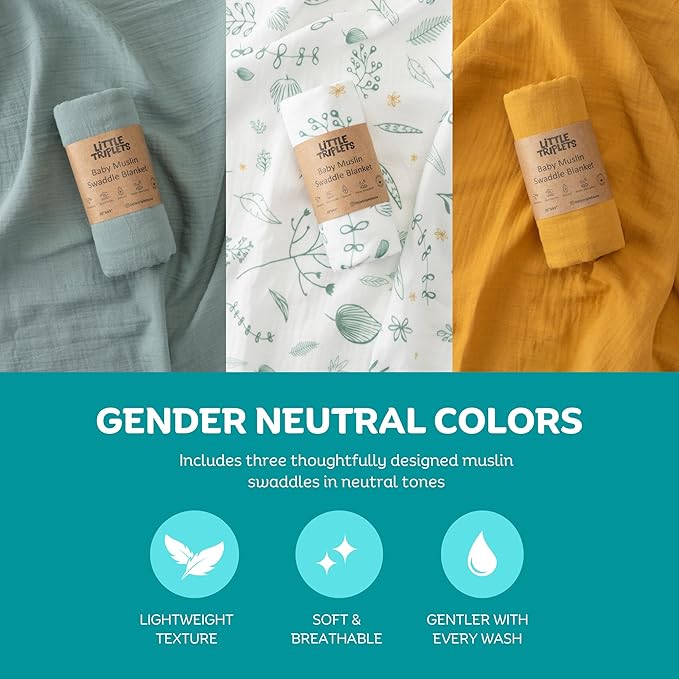 Muslin Swaddle Blankets for Newborn, 3 Pack Soft 100% Cotton Baby Receiving Blanket, Swaddle Wrap Burp Clothes, Large 43 x 35 inches, Oeko-TEX Certified
