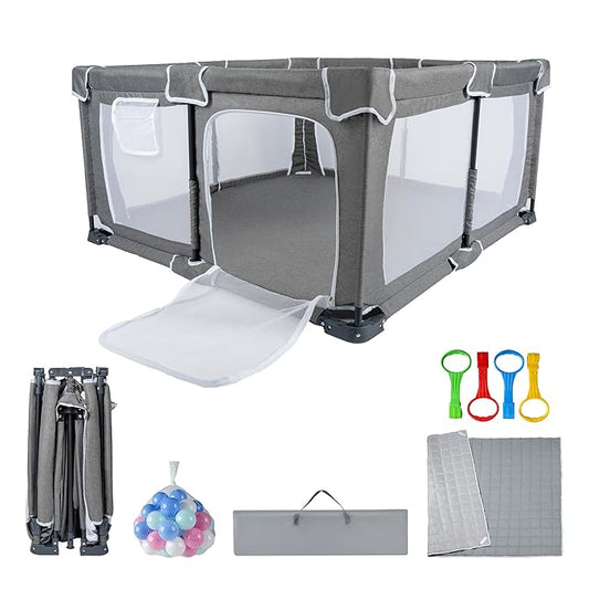 Foldable Baby Playpen 59"x71"，Playpen for Babies and Toddlers with Mat，Foldable playpen with Door，Indoor and Outdoor Baby Fence Play Area (Grey (Cationic Fabric), Foldable 59"x71" with Mat)