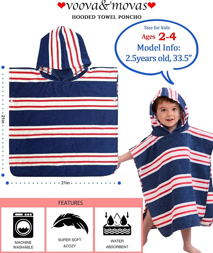 VOOVA & MOVAS Hooded Baby Towel, Oversized (2-4Years,21"X21") Made from 100% Soft Cotton,Absorbent Hooded Poncho Towel for Baby Girl,Perfect for Pool | Swimming | Bath | Beach,Navy Red Stripe