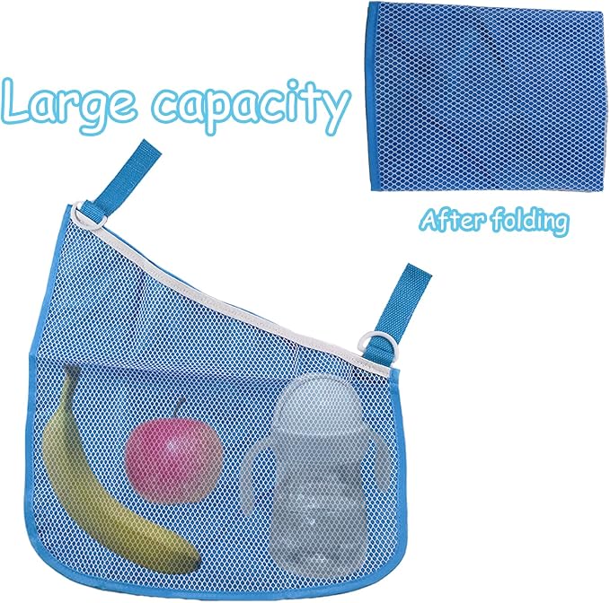 2 Pack Universal Side Sling Stroller Organizer with Mesh Cargo Net,Adjustable and Non-Slip Stroller Storage Bags, Portable Side Sling Stroller Cargo Net for Baby Accessories(Blue)