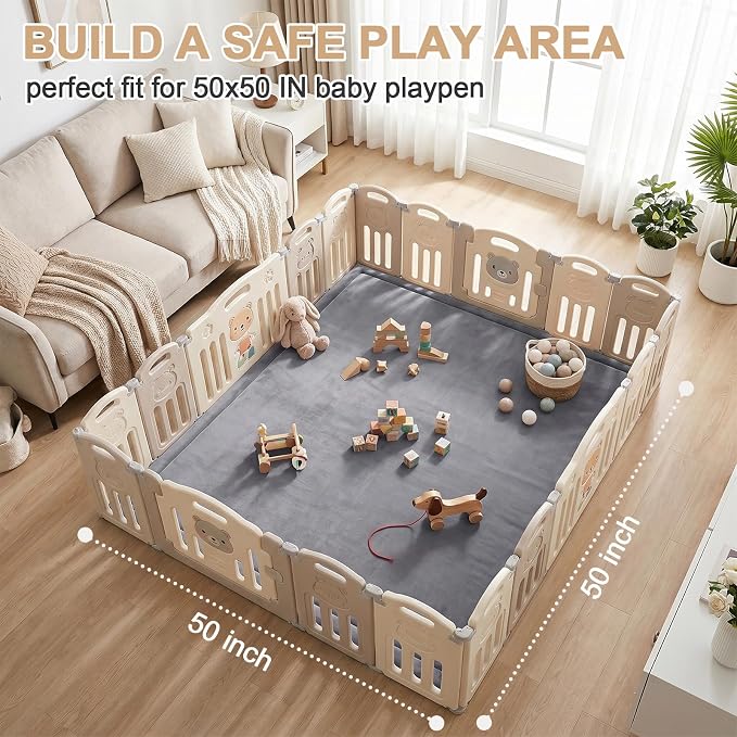 Ultra Soft Baby Play Mat for Floor, 1.3" Thick Memory Foam Tummy Time Mat, 50"x50" Non-Slip Playpen Mat, Baby Playroom Rug, Crawling Mat for Babies,Toddlers, Infants, Kids, Dark Grey