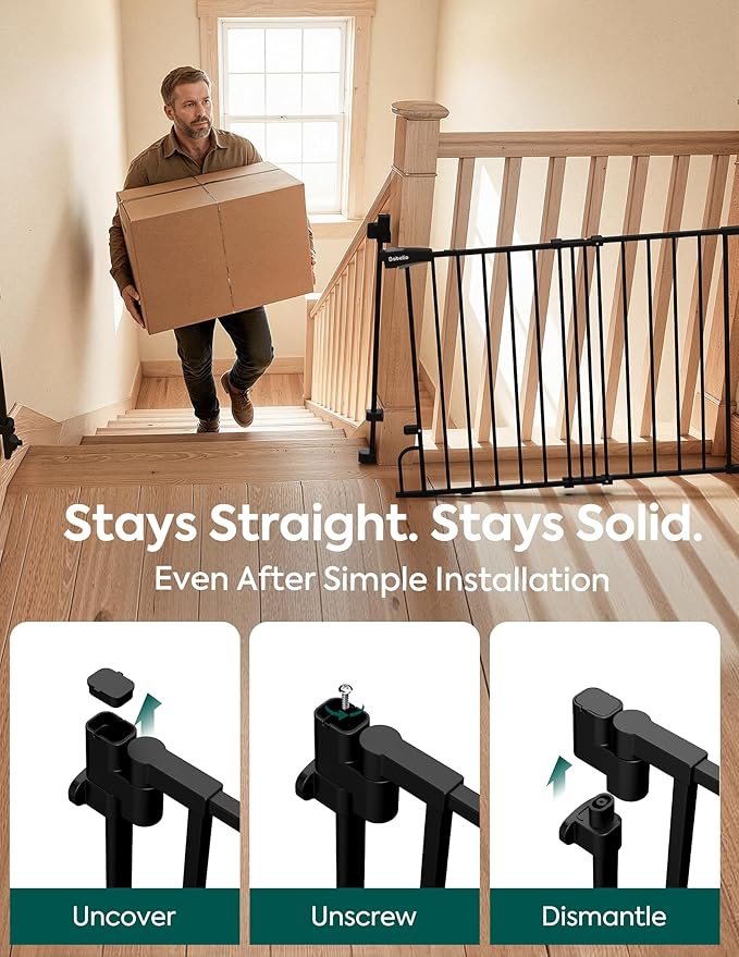 Babelio Removable & No Bottom Bar Baby Gate, 35.5-55" Hardware Mounted (Drill Needed)| Wide Walk-Thru| Auto-Close Safety Dog/Pet Gate for Stairs & Doorways (Black, 35.5-55" W, 30" H)
