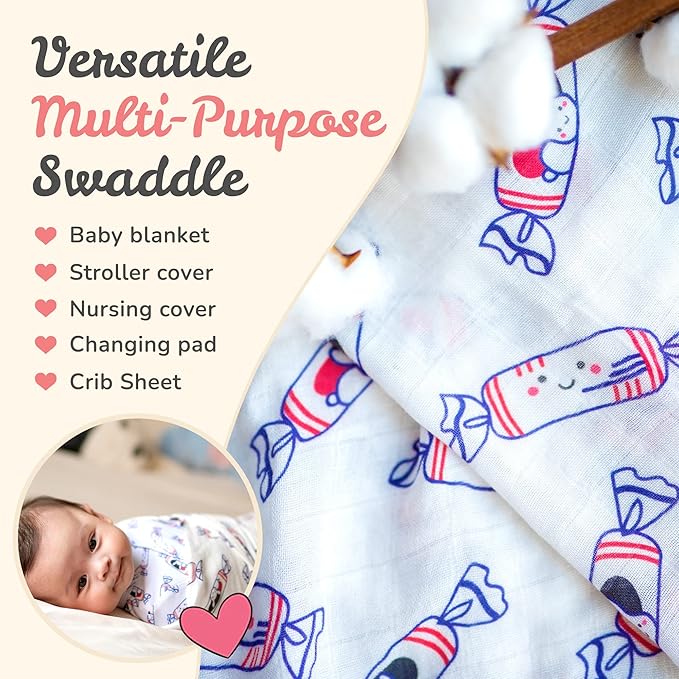 The Wee Bean Organic Cotton and Bamboo Rayon Muslin Swaddle Blankets, Set of X (Bunny Candy)