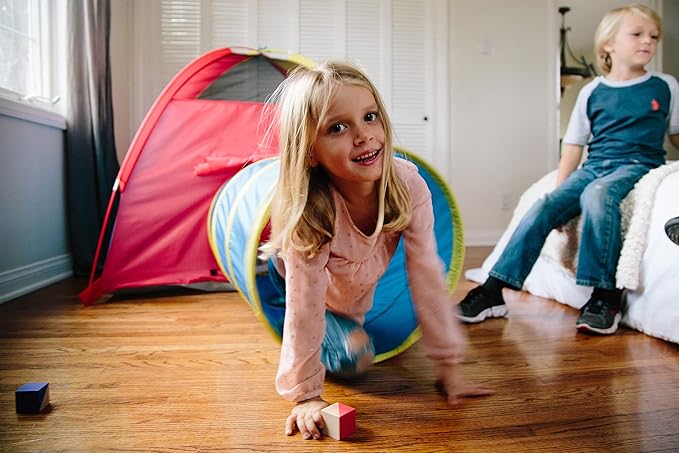 Pacific Play Tents 20414 Kids Hide-Me Dome Tent and Crawl Tunnel Combo for Indoor/Outdoor Play Red/Yellow/Blue Large