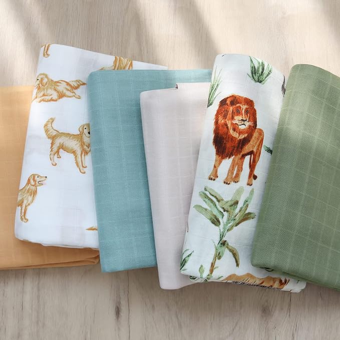 LifeTree Muslin Swaddle Blankets Neutral, Baby Washcloths Safari Animals Swaddling Wrap Nursery Receiving Blanket for Boys & Girls