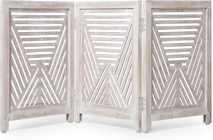 Lightnpro Geometric Wooden Dog Gate - Stylish Freestanding Foldable Indoor Pet Barrier, Extra-Wide Safety Gate for Dogs & Small Pets, Perfect for Stairs & Entryways - 24x54 Inch White Wash Finish