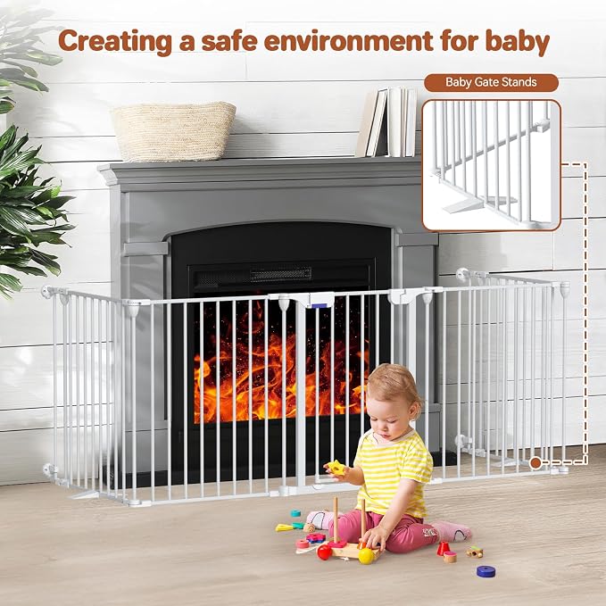 Kfvigoho Baby Gate 27.5"-129" Extra-Wide Playpen, Play Yard Child Safety Fence, Dog Gate with Auto-Close Door, Double Locking System for Fireplace, Foldable 5 Steel Panels, White