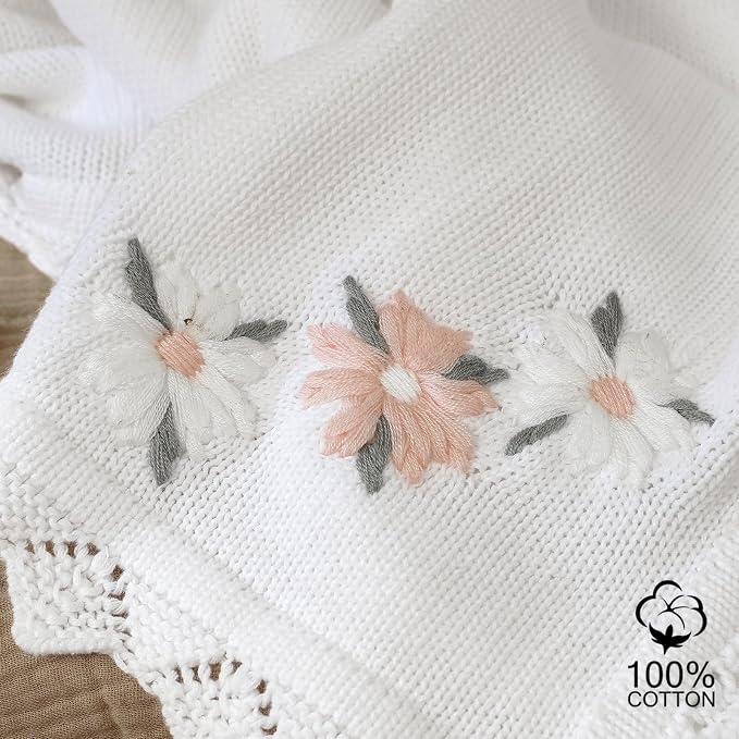 LAWKUL Baby Blanket 100% Traceable Cotton Knit Receiving Blankets Soft Swaddle for Newborn Boy Girls 40"x30" White Floral