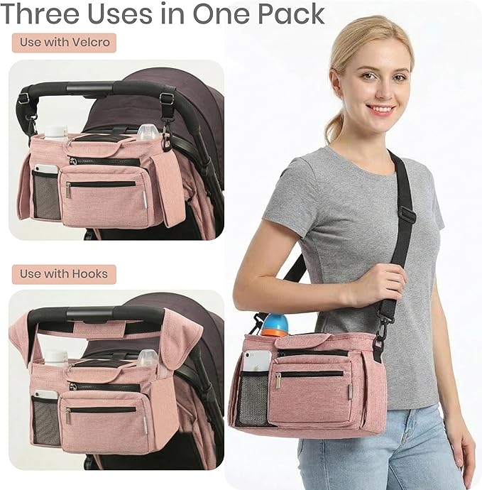 Universal Stroller Organizer, Pink - 2 Insulated Cup Holders - Non-Slip Stroller Caddy Bag - Detachable Phone Pouch - Fits Uppababy, Nuna - New Mom Essentials
