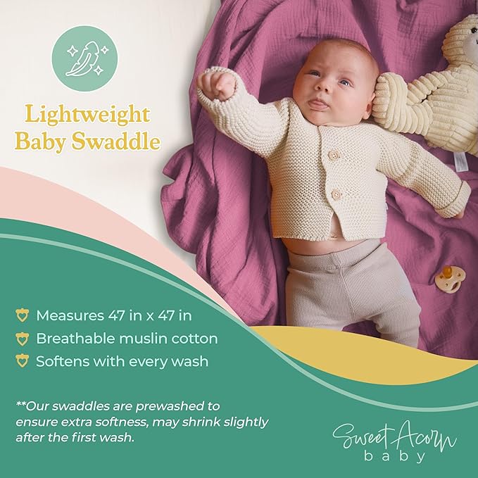 Muslin Swaddle Blanket ??Soft Cotton Muslin Baby Blanket for Newborns, Infants, and Toddlers, All-Season Comfort Baby Essential - Pink, Purple, White