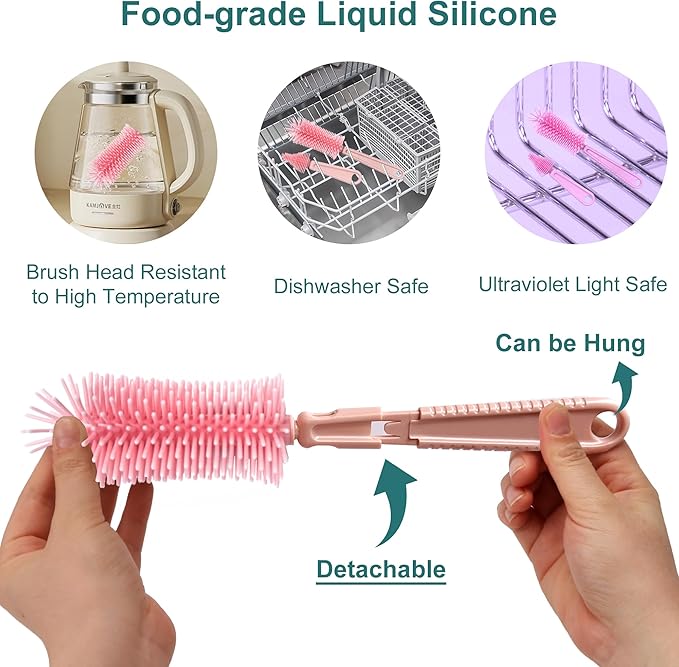 Baby Bottle Brush, 7 in 1 Travel Bottle Cleaner Kit with Silicone Bottle Brush, Nipple Brush, Straw Brush, Soap Dispenser, Bottle Drying Rack, Dishcloths, Portable Essentials for Home and Travel-Pink