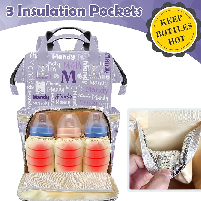 Custom Diaper Bag with Name Personalized Multifunctional Mommy Backpack for Daughter Granddaughter, Purple Daypack Bag for Travel