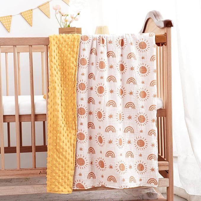 2 Pack Minky Baby Blankets,Super Soft Receiving Blankets with Muslin Cotton Front & Dotted Fleece Backing,39x29.5 Inches,Printed Bed Throws Newborn(Sun)