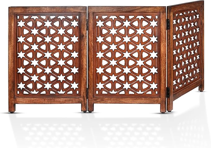 Decorative Wooden Pet Gate, Dog Fence, Cat Gate, Foldable, Adjustable, Portable, Extra-Wide, Wooden Dog Barrier, Free-Standing Puppy Gate 3 Panels for Indoor, Doorways, Stairs-24x54 Inch Burnt Antique