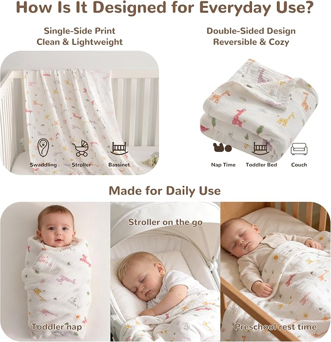 NTBAY Muslin Baby Swaddle Blanket, 2-Layer, 42x60 Lightweight Receiving Blanket for Newborns and Infants, Crib Stroller Nursery Use, Cartoon Giraffe
