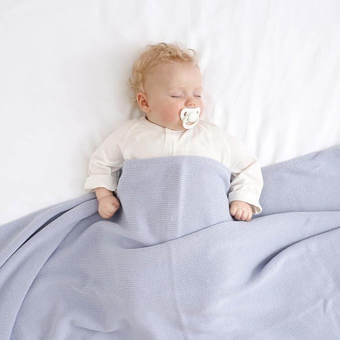 Hadetoto Baby Blanket Soft Cozy Cotton Cable Knit Crochet Receiving Crib Nursery Swaddling Blankets for Newborn Boys Girls (Baby Blue)