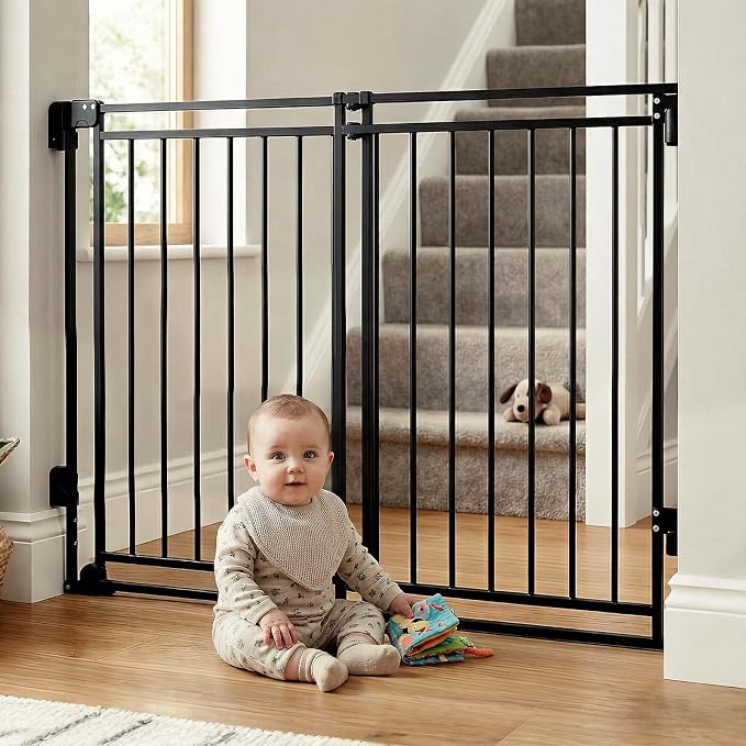 Extra Tall Baby Gate for Stairs and Doorways, 26-43” W x 39” H(Must Drill to Install), One-Hand Operation, Auto-Close Feature, No Bottom Threshold, for Babies and Pets, Black