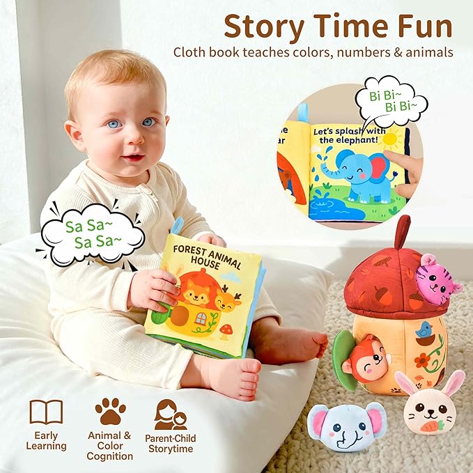 Montessori Toys for 1 Year Old & 6–12 Months Babies, Sensory Developmental Playset with Acorn House, Plush Animals & Cloth Book, Valentines Day Gifts, Easter Basket Stuffers