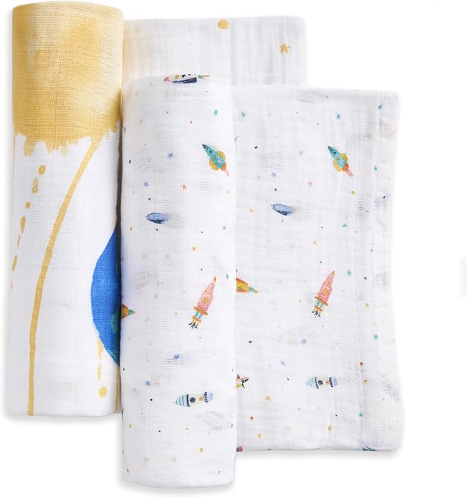 aden + anais 100% Organic Cotton Muslin Swaddles, Breathable Baby Blanket, Ideal for Boys, Girls, Newborns, Babies & Infants, Receiving Blanket, Soft and Lightweight Wrap, 2 Pack, Space Orbit