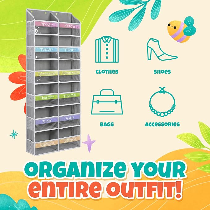Housables Weekly Clothes Organizer for Kids, Days of the Week Clothes Organizer, Kids Closet, Daily Outfit Storage, Monday through Friday Clothing, Weekday, M-F, School, Hanging, Over Door, 12 Shelf