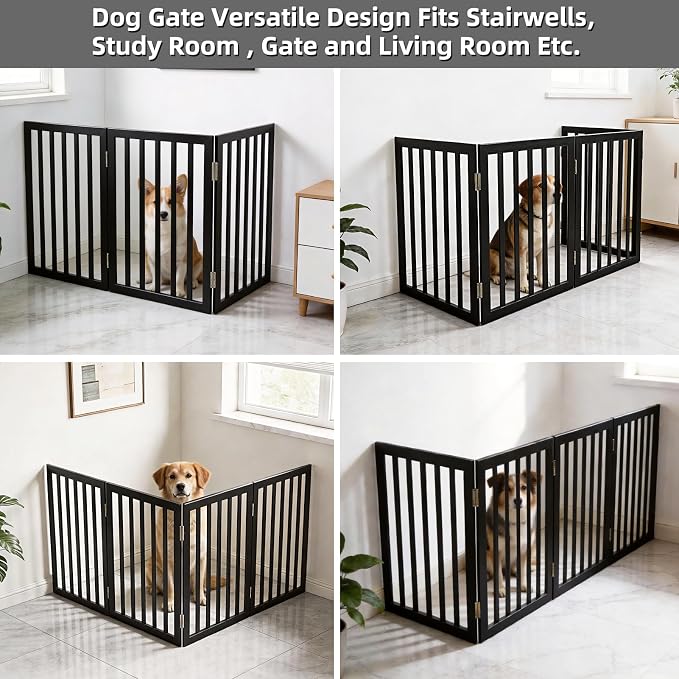 Dog Gate Indoor, Freestanding Dog Fence for The House, Doorways, Hallways,or Stairs,Pet Gate Foldable Wooden,Expandable 32" Height 3 Panels,Black